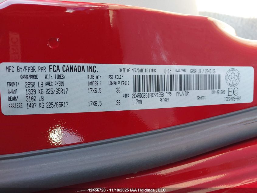 2015 Dodge Grand Caravan Se VIN: 2C4RDGBG1FR721358 Lot: 12456728