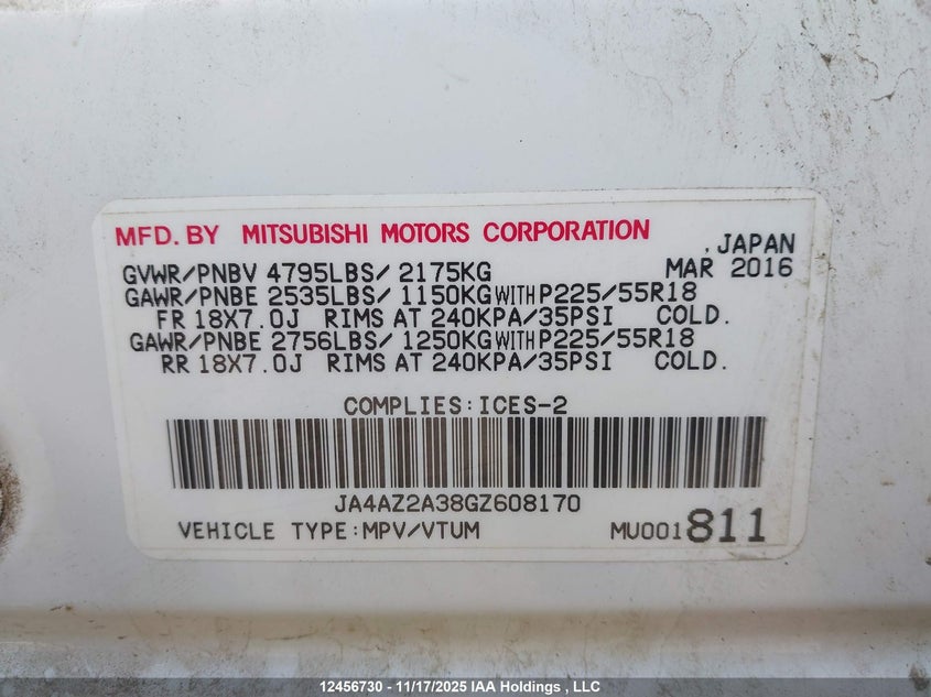 2016 Mitsubishi Outlander Es VIN: JA4AZ2A38GZ608170 Lot: 12456730