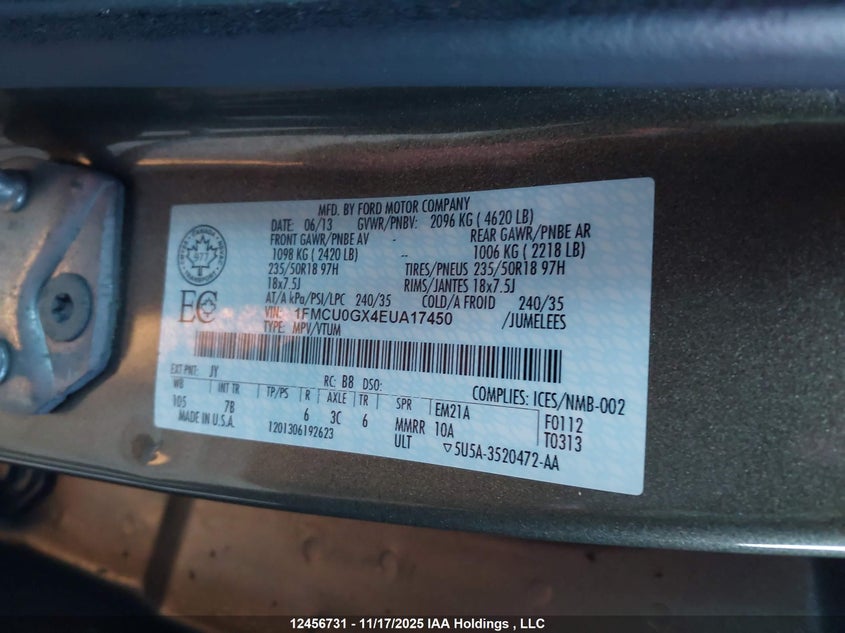 2014 Ford Escape VIN: 1FMCU0GX4EUA17450 Lot: 12456731