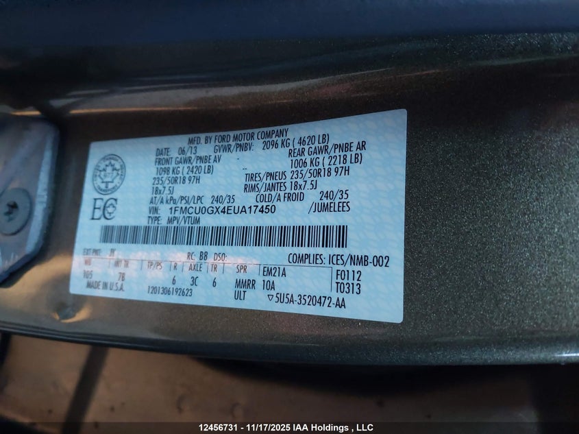 2014 Ford Escape VIN: 1FMCU0GX4EUA17450 Lot: 12456731