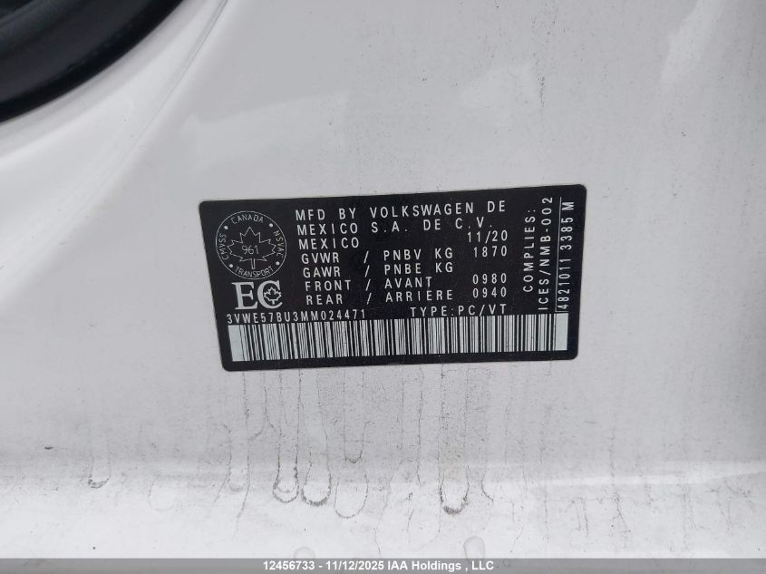 2021 Volkswagen Jetta Sel VIN: 3VWE57BU3MM024471 Lot: 12456733