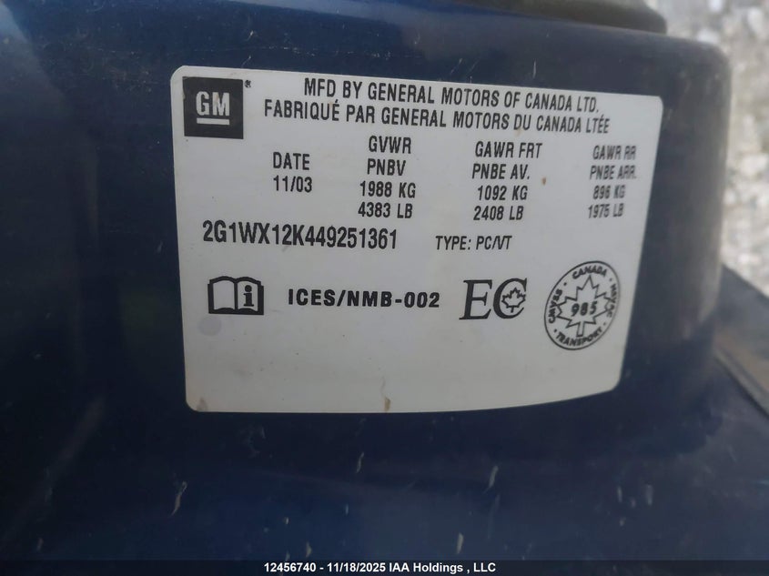 2004 Chevrolet Monte Carlo Ss VIN: 2G1WX12K449251361 Lot: 12456740