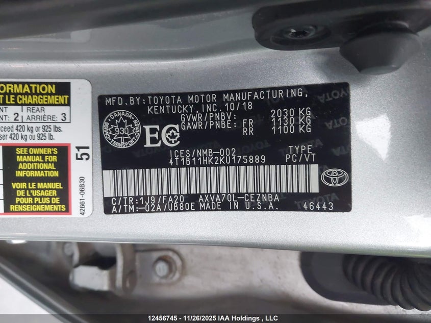 4T1B11HK2KU175889 2019 TOYOTA CAMRY photo no. 9