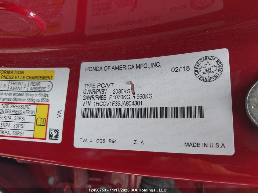 2018 Honda Accord Sport VIN: 1HGCV1F39JA804381 Lot: 12456753