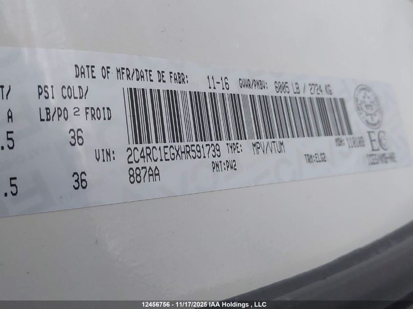 2017 Chrysler Pacifica VIN: 2C4RC1EGXHR591739 Lot: 12456756