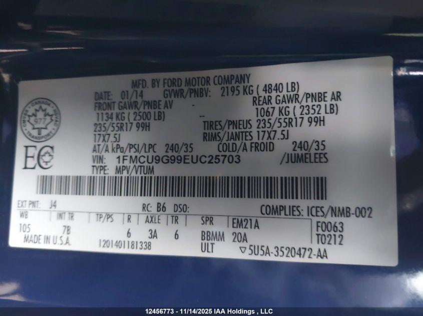 2014 Ford Escape Se VIN: 1FMCU9G99EUC25703 Lot: 12456773