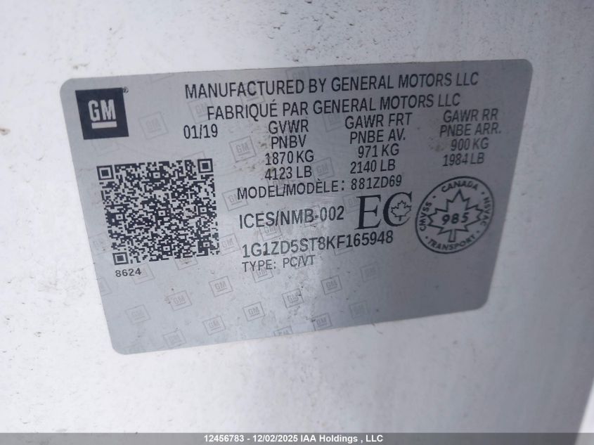 2019 Chevrolet Malibu Lt VIN: 1G1ZD5ST8KF165948 Lot: 12456783