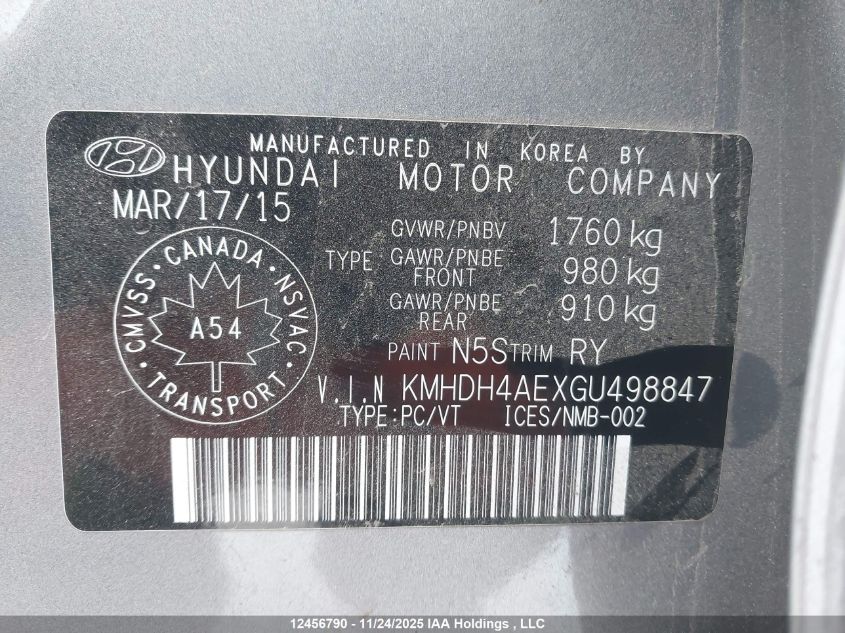 2016 Hyundai Elantra Sport Appearance VIN: KMHDH4AEXGU498847 Lot: 12456790