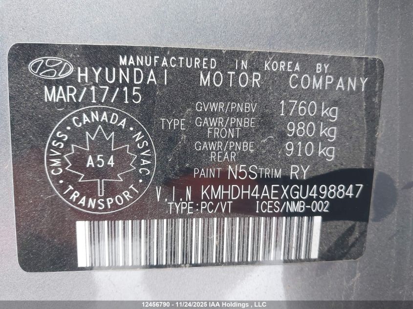 2016 Hyundai Elantra Sport Appearance VIN: KMHDH4AEXGU498847 Lot: 12456790