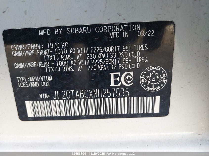 JF2GTABCXNH257535 2022 SUBARU XV photo no. 9