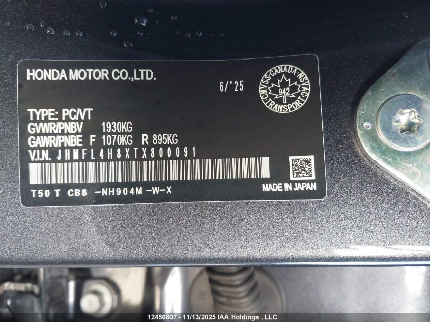 2026 Honda Civic Sport VIN: JHMFL4H8XTX800091 Lot: 12456807