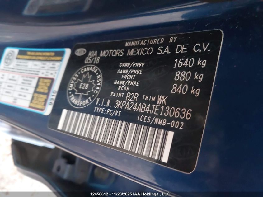 2018 Kia Rio VIN: 3KPA24AB4JE130636 Lot: 12456812