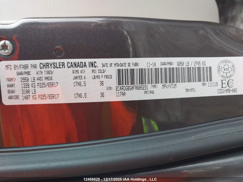 2015 Dodge Grand Caravan Se/Sxt VIN: 2C4RDGBG0FR605231 Lot: 12456825