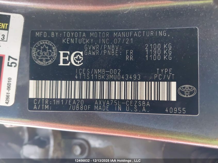 2021 Toyota Camry VIN: 4T1S11BK3MU043493 Lot: 12456832