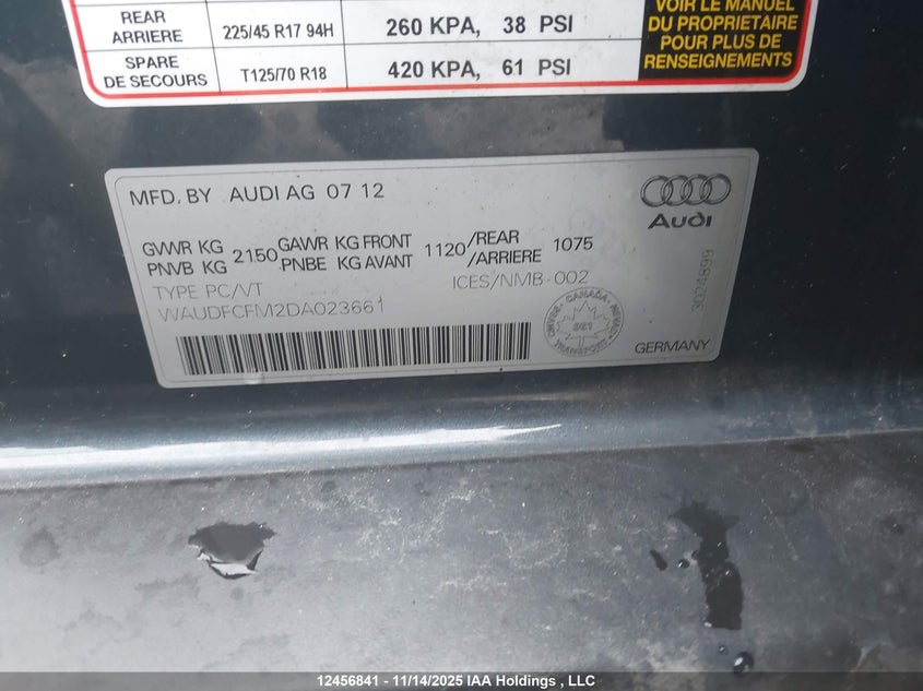 2013 Audi A3 Premium VIN: WAUDFCFM2DA023661 Lot: 12456841