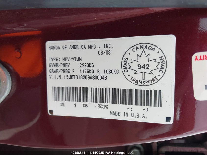 2009 Acura Rdx VIN: 5J8TB18209A800048 Lot: 12456843