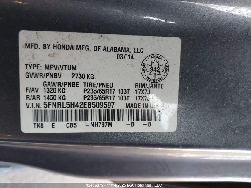 5FNRL5H42EB509597 2014 HONDA ODYSSEY photo no. 9