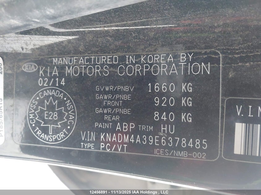 2014 Kia Rio Ex/Ex+/Lx/Lx+/Sx VIN: KNADM4A39E6378485 Lot: 12456891