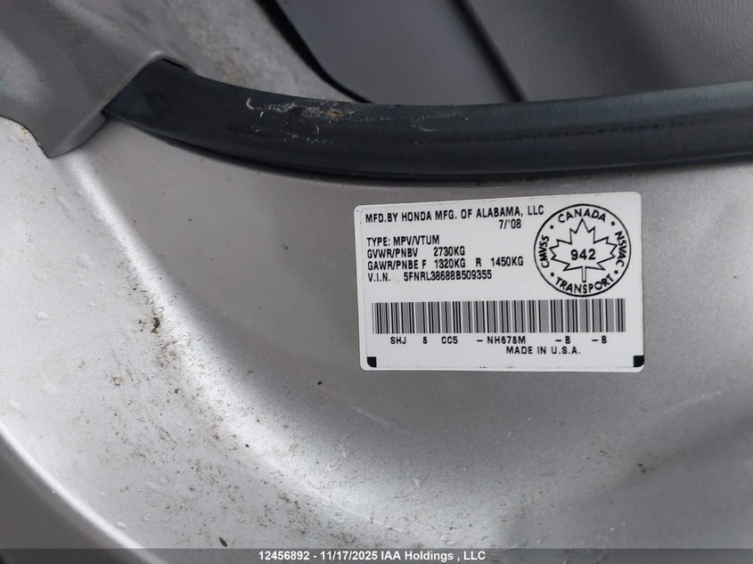 5FNRL38688B509355 2008 HONDA ODYSSEY photo no. 9
