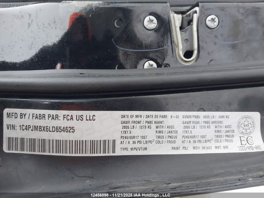 2020 Jeep Cherokee Trailhawk VIN: 1C4PJMBX6LD654625 Lot: 12456898