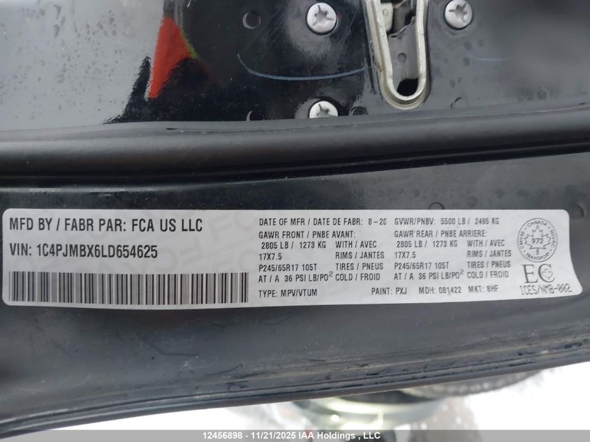 2020 Jeep Cherokee Trailhawk VIN: 1C4PJMBX6LD654625 Lot: 12456898