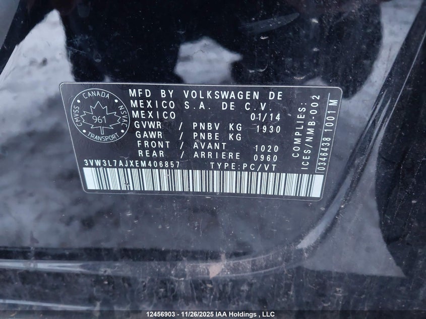 2014 Volkswagen Jetta 2.0 Tdi Highline/2.0 Tdi Trendline+ VIN: 3VW3L7AJXEM406857 Lot: 12456903
