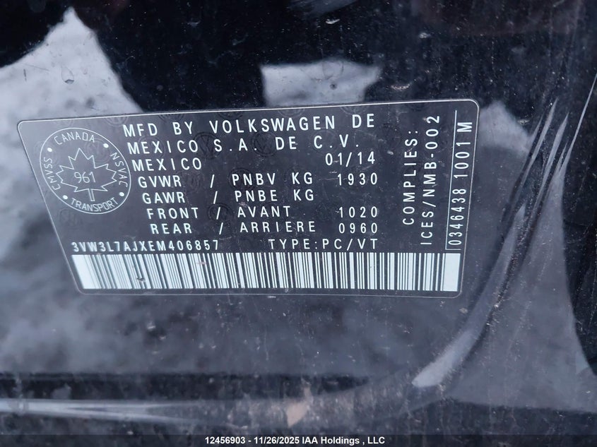 2014 Volkswagen Jetta 2.0 Tdi Highline/2.0 Tdi Trendline+ VIN: 3VW3L7AJXEM406857 Lot: 12456903