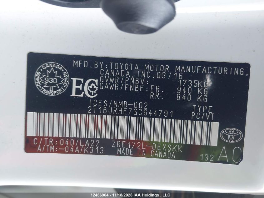 2016 Toyota Corolla S VIN: 2T1BURHE7GC644791 Lot: 12456904