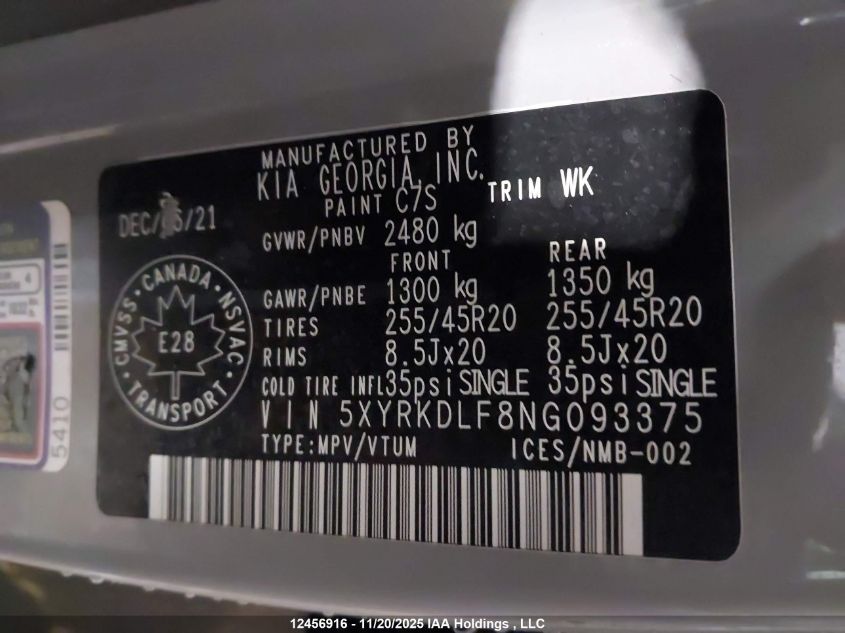 2022 Kia Sorento Sx/Sxp VIN: 5XYRKDLF8NG093375 Lot: 12456916