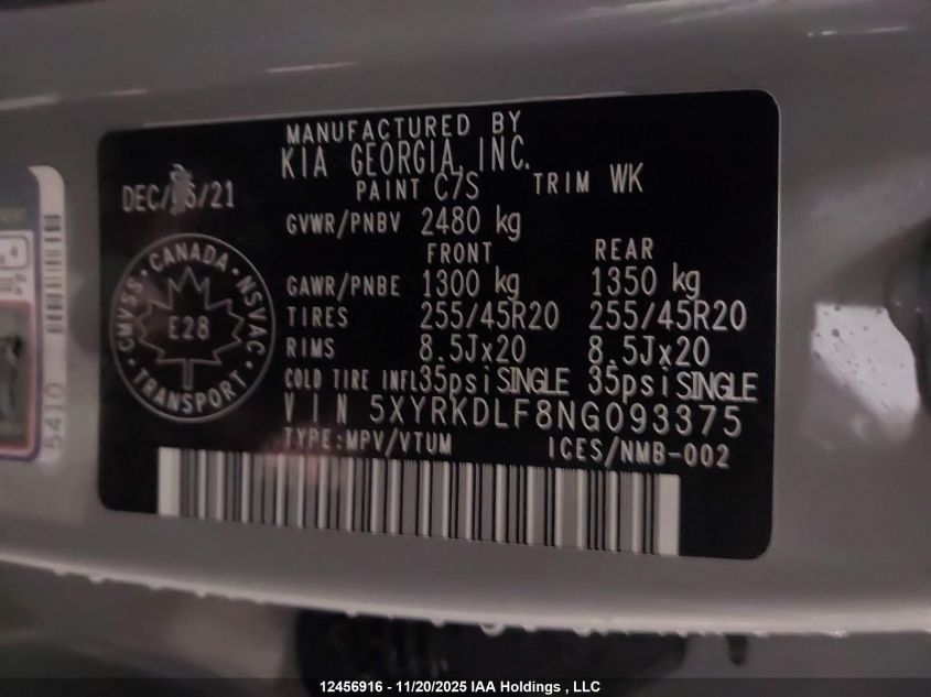 2022 Kia Sorento Sx/Sxp VIN: 5XYRKDLF8NG093375 Lot: 12456916