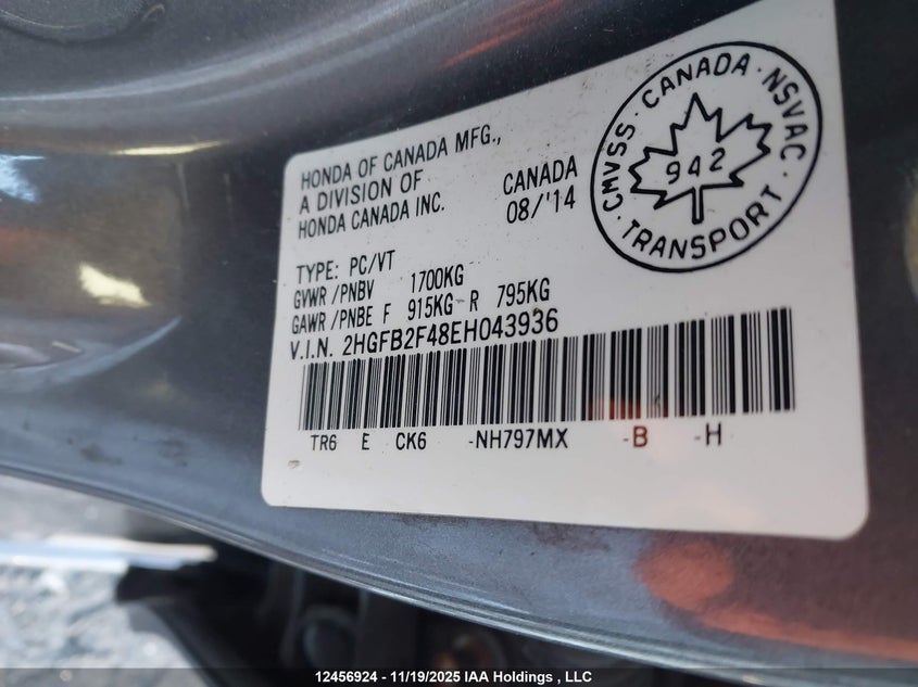 2014 Honda Civic Lx VIN: 2HGFB2F48EH043936 Lot: 12456924