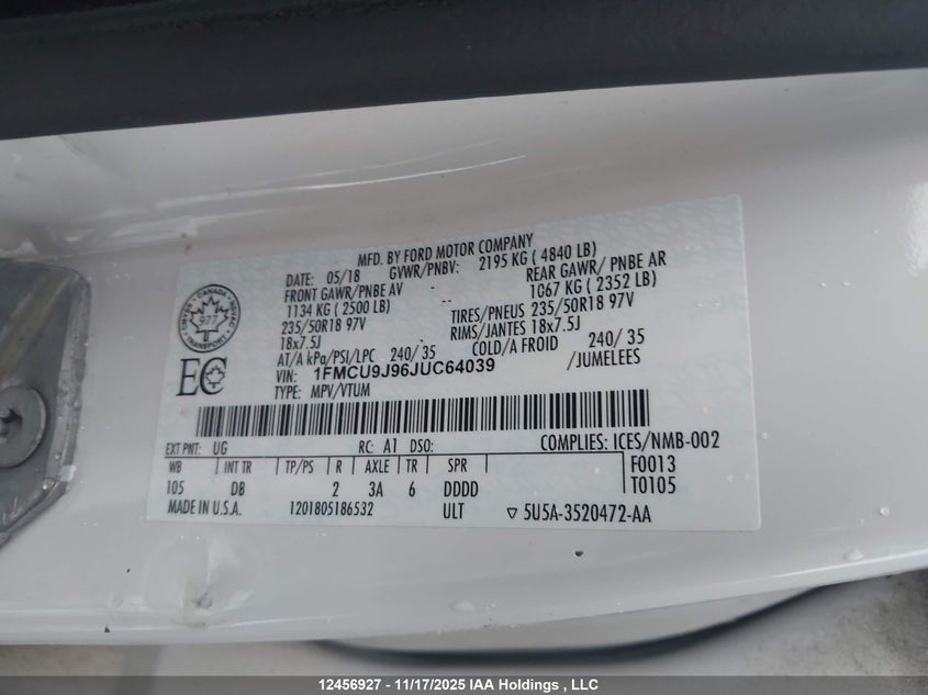 1FMCU9J96JUC64039 2018 FORD ESCAPE photo no. 9