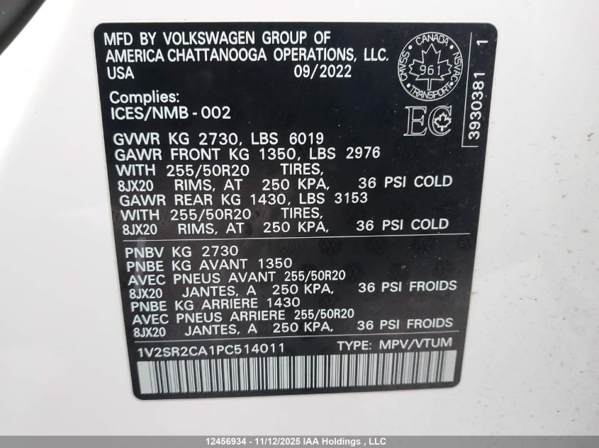 2023 Volkswagen Atlas Sel R-Line VIN: 1V2SR2CA1PC514011 Lot: 12456934