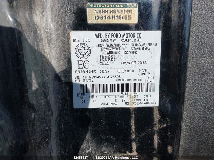 2007 Ford F-150 Fx4/Harley-Davidson/King Ranch/Lariat/Lariat Chrome Package/Xlt VIN: 1FTPW14V77KC28598 Lot: 12456937