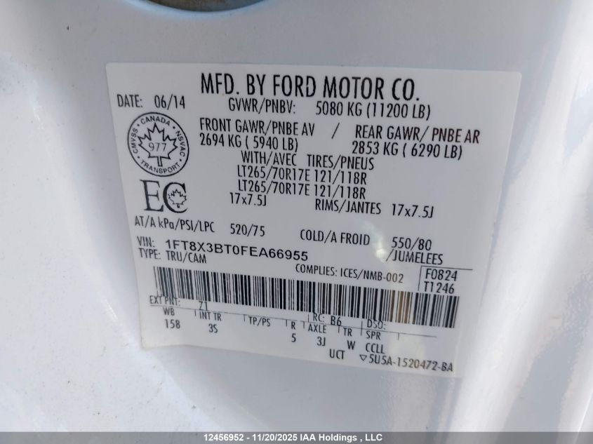 2015 Ford F350 Super Duty VIN: 1FT8X3BT0FEA66955 Lot: 12456952