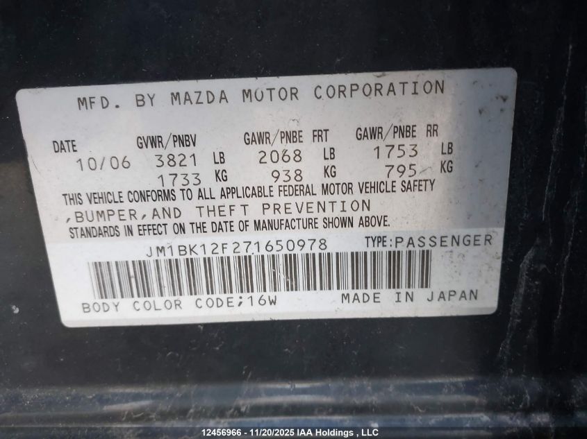 2007 Mazda 3 I VIN: JM1BK12F271650978 Lot: 12456966