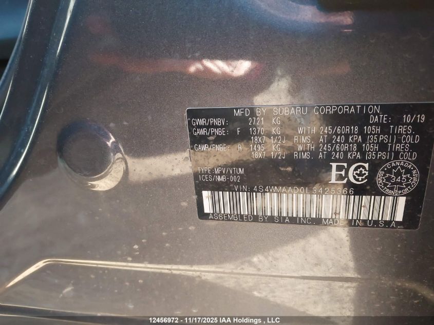 2020 Subaru Ascent VIN: 4S4WMAAD0L3425366 Lot: 12456972