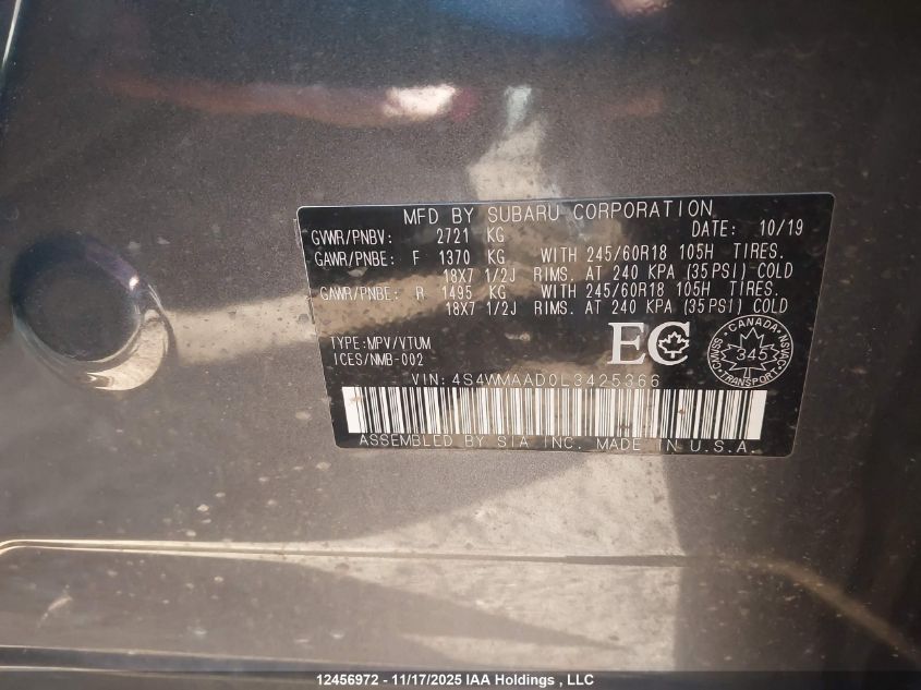 2020 Subaru Ascent VIN: 4S4WMAAD0L3425366 Lot: 12456972