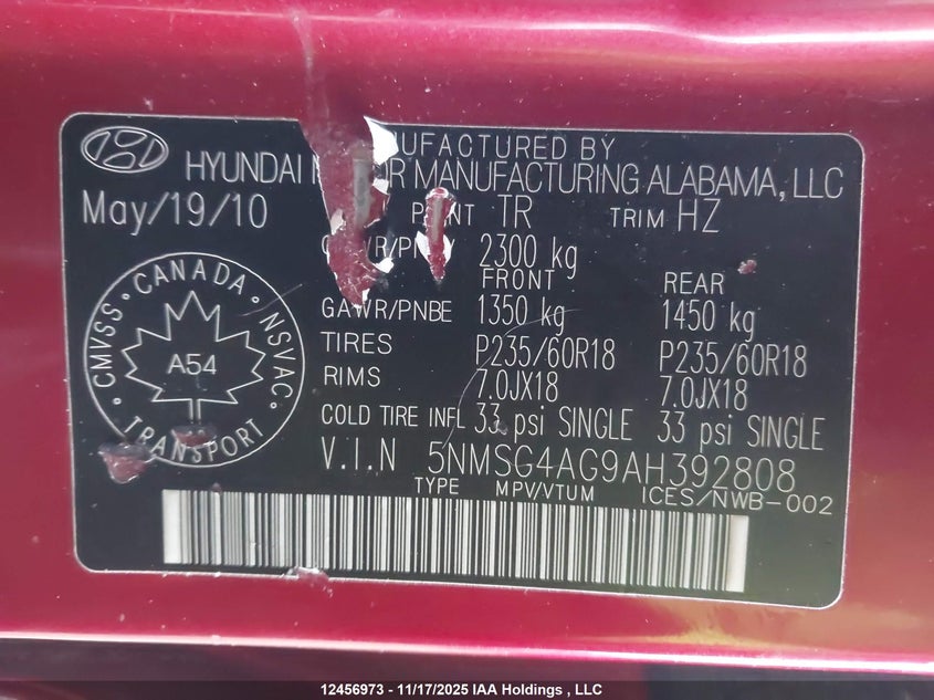 5NMSG4AG9AH392808 2010 HYUNDAI SANTA FE photo no. 9