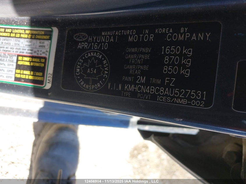 2010 Hyundai Accent VIN: KMHCN4BC8AU527531 Lot: 12456984