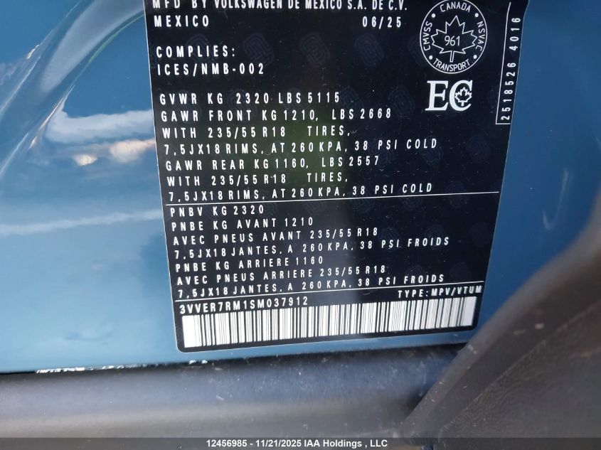 2025 Volkswagen Tiguan Comfortline VIN: 3VVER7RM1SM037912 Lot: 12456985