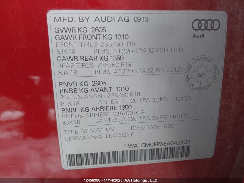 2014 Audi Q5 Tdi/Premium Plus VIN: WA1CMCFPXEA042937 Lot: 12456986