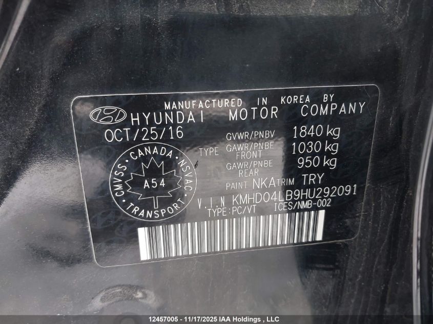 2017 Hyundai Elantra Sport VIN: KMHD04LB9HU292091 Lot: 12457005