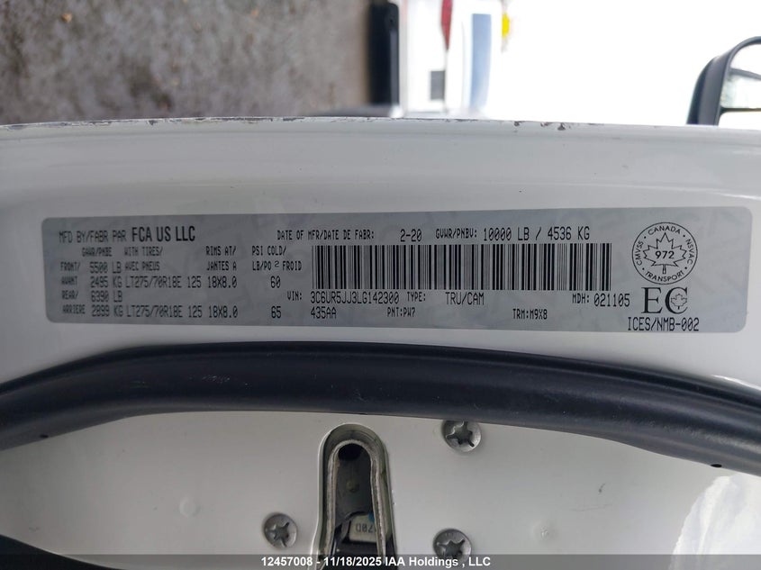 2020 Ram 2500 Big Horn VIN: 3C6UR5JJ3LG142300 Lot: 12457008