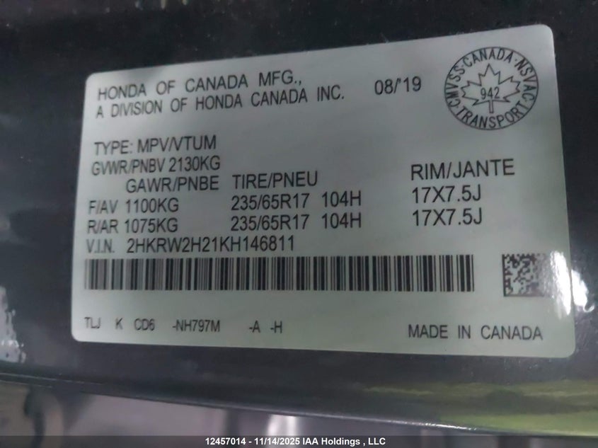 2019 Honda Cr-V Lx VIN: 2HKRW2H21KH146811 Lot: 12457014
