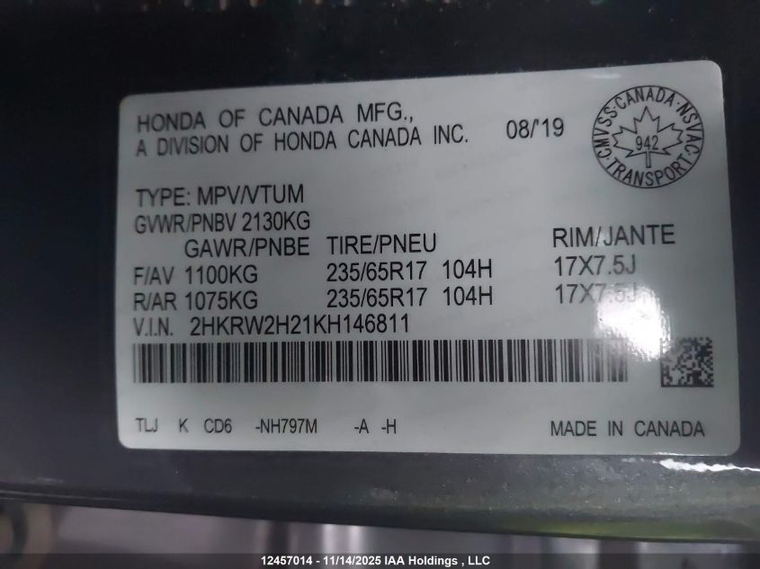 2019 Honda Cr-V Lx VIN: 2HKRW2H21KH146811 Lot: 12457014