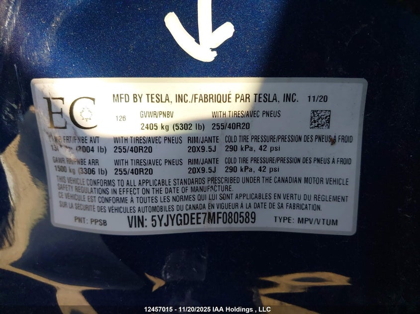 2021 Tesla Model Y Long Range VIN: 5YJYGDEE7MF080589 Lot: 12457015