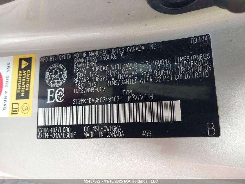 2014 Lexus Rx 350/Base/F Sport VIN: 2T2BK1BA6EC249183 Lot: 12457027