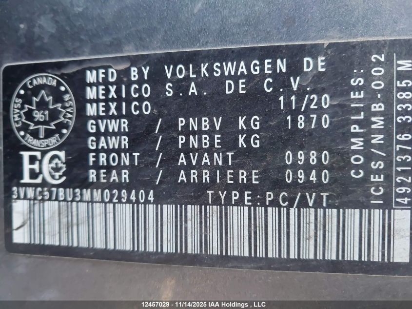 2021 Volkswagen Jetta S/Se/R-Line VIN: 3VWC57BU3MM029404 Lot: 12457029