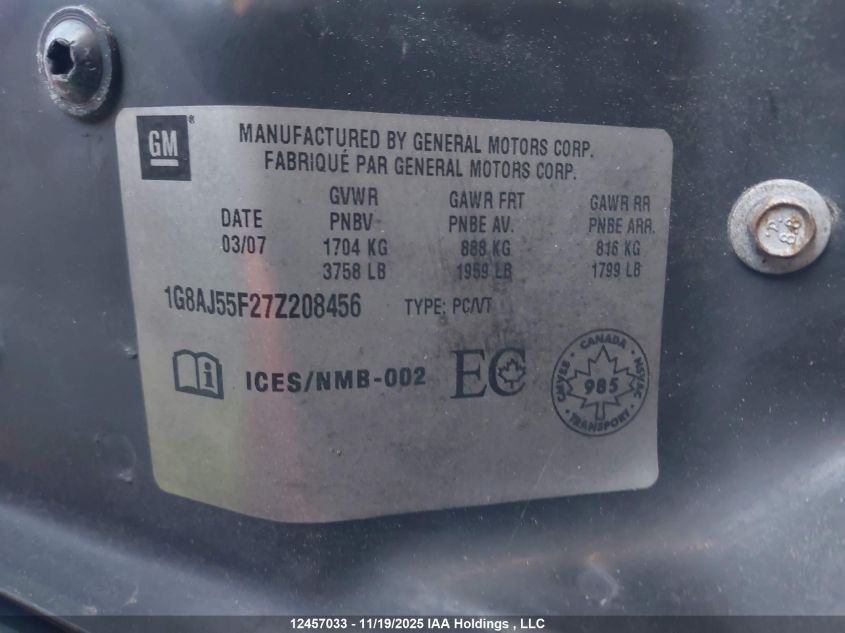 2007 Saturn Ion 2 Base/2 Midlevel VIN: 1G8AJ55F27Z208456 Lot: 12457033